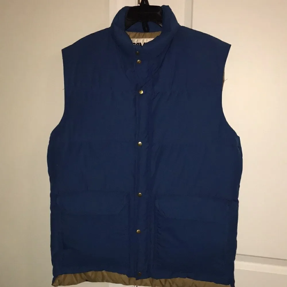 Vintage Blue USA Down Camp 7 snap front travel winter vest jacket retro XL (L)